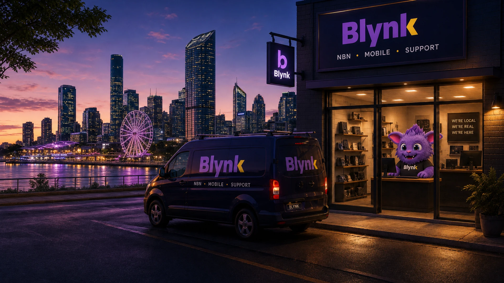 Illustration of a Blynk storefront at dusk on the Brisbane riverfront, with the city skyline and Wheel of Brisbane behind, a Blynk van parked outside and the purple Blynk mascot at the counter inside