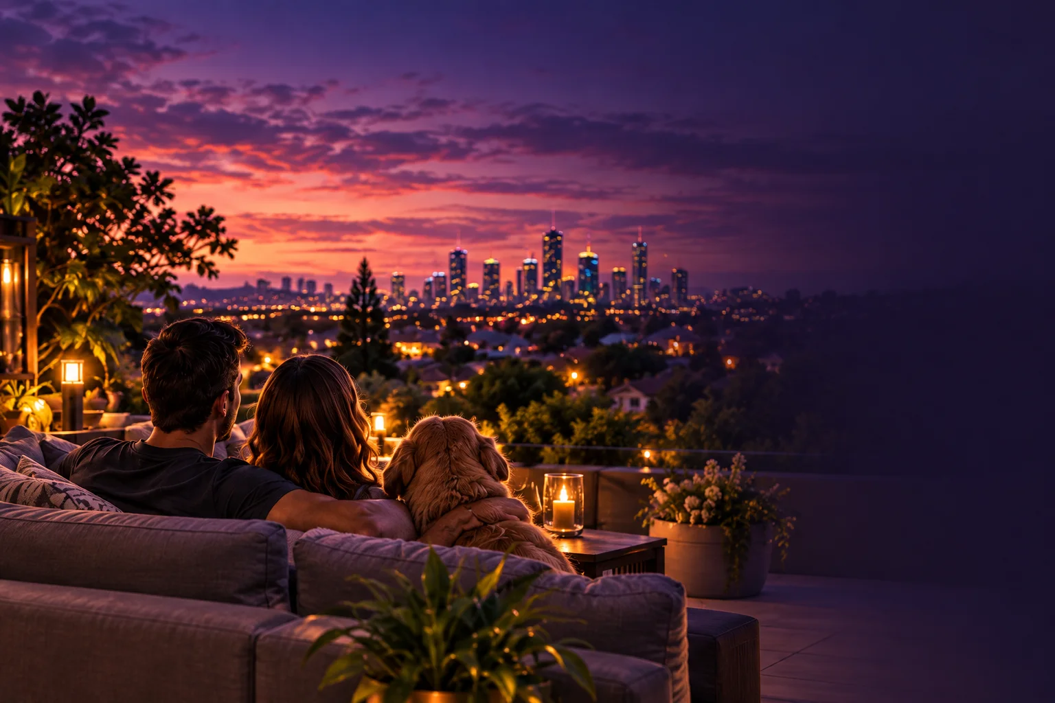 A couple and their dog looking over Brisbane-inspired suburbs at sunset