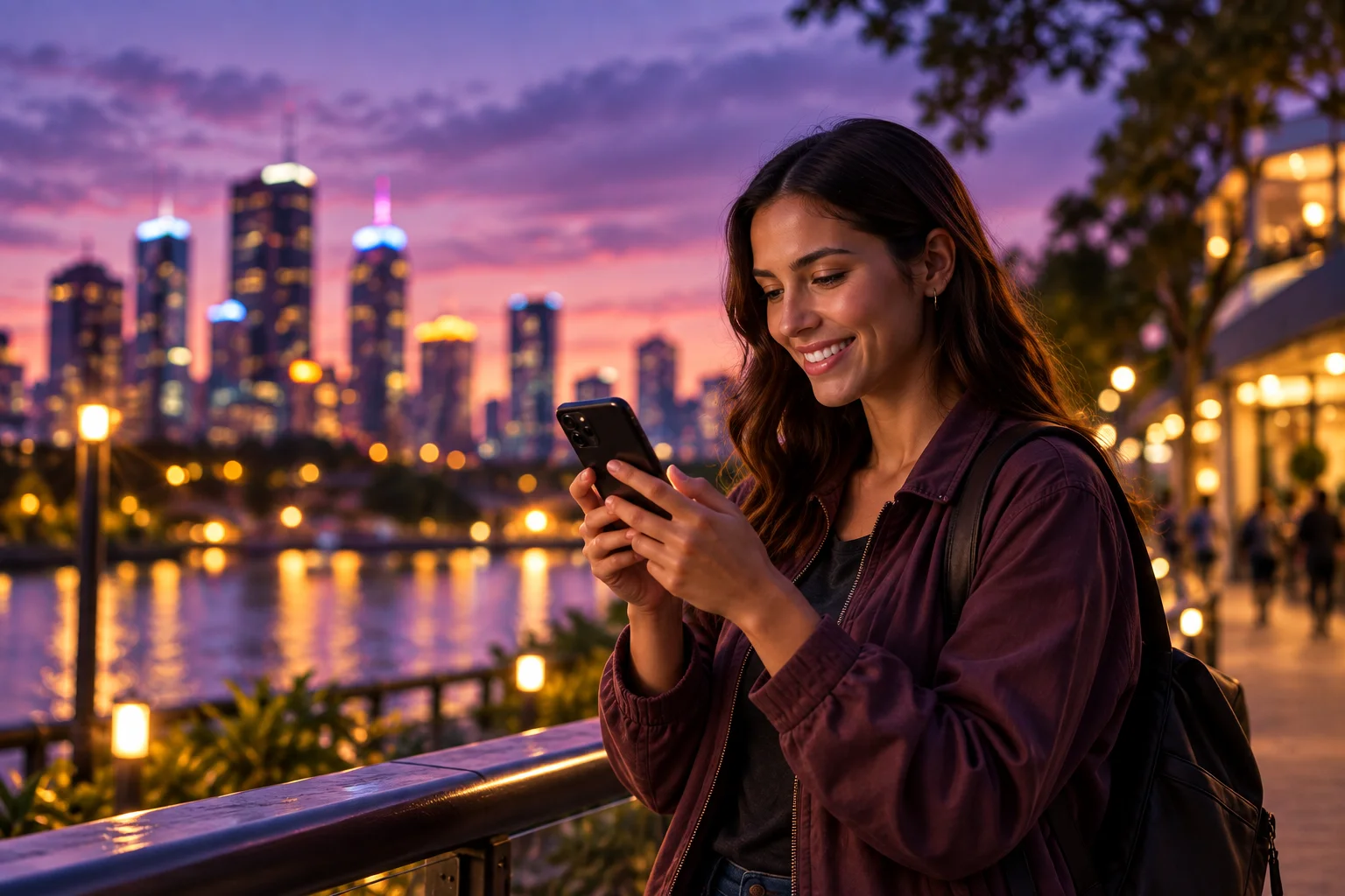 A woman using her mobile by the river at dusk