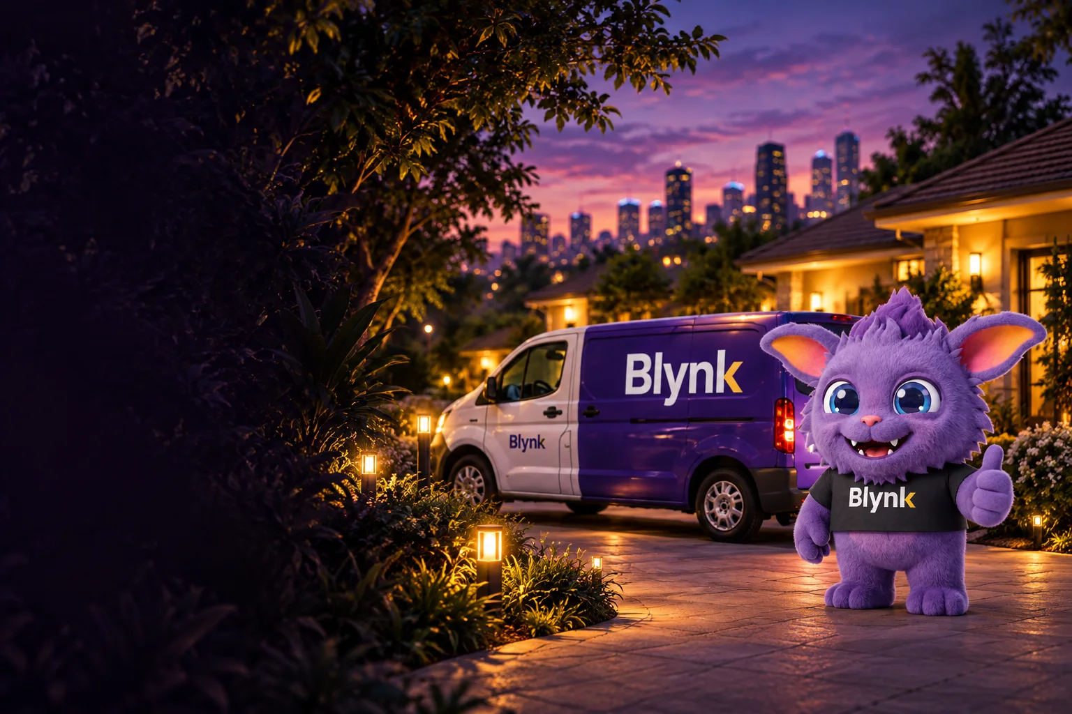Blynk’s purple mascot beside a branded van at dusk